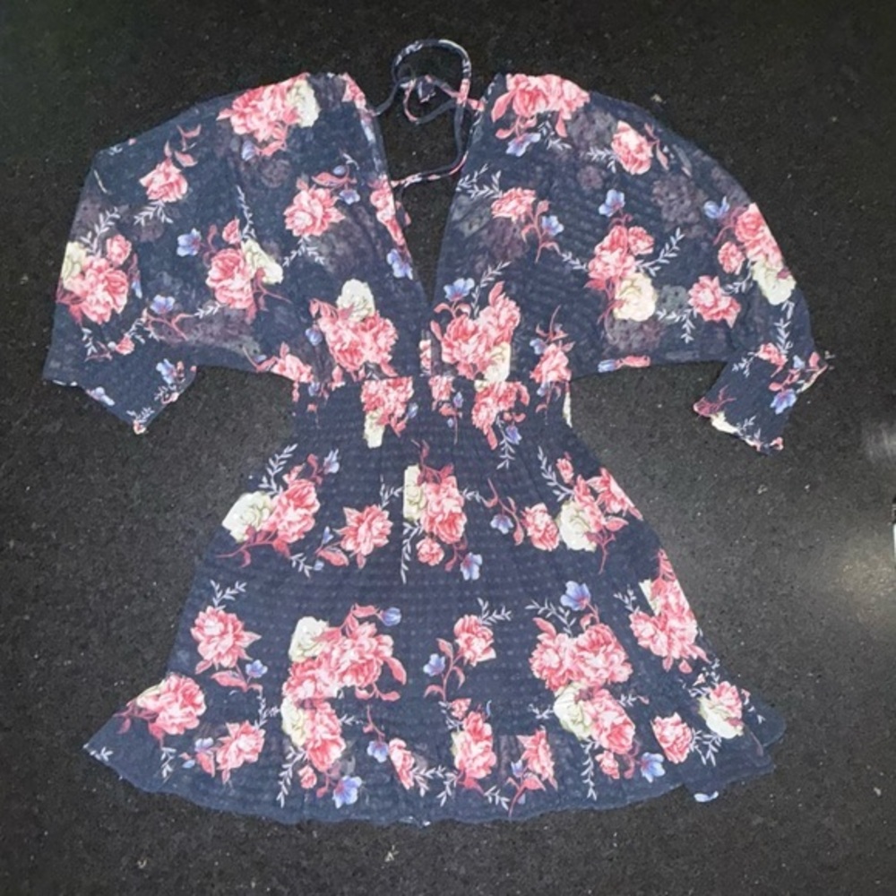 UEC BAND OF GYPSIES NAVY BLUE FLORAL BACKLESS OPEN SLEEVES LINED V NECK DRESS M